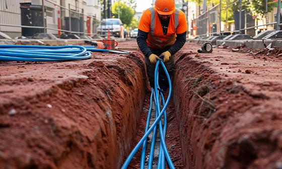 construction worker laying blue cables in a deep trench on a city street with safety gear and tools for installation three essential steps