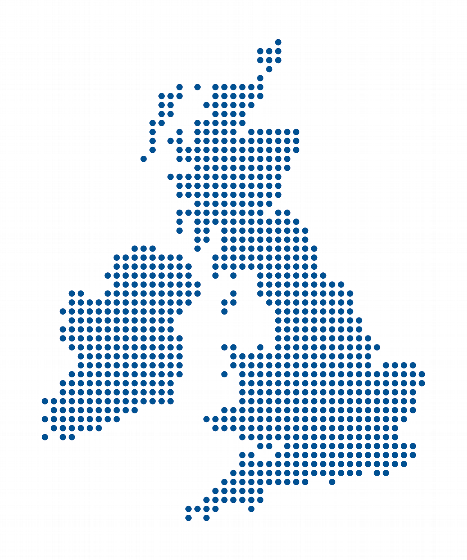 map of the United Kingdom represented with blue dots highlighting geographic regions and shapes in a modern design related to visual representation and mapping techniques