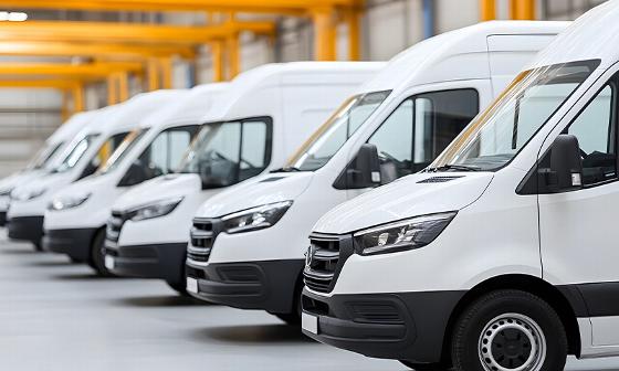 a row of white delivery vans parked in a warehouse with large overhead lights showcasing a modern fleet of vehicles for logistics and transport needs 2 efficient options for businesses